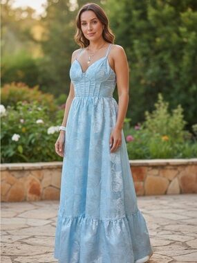 David’s Bridal Blue Floral Jacquard Corset Maxi Dress | Junior 9 | NWT